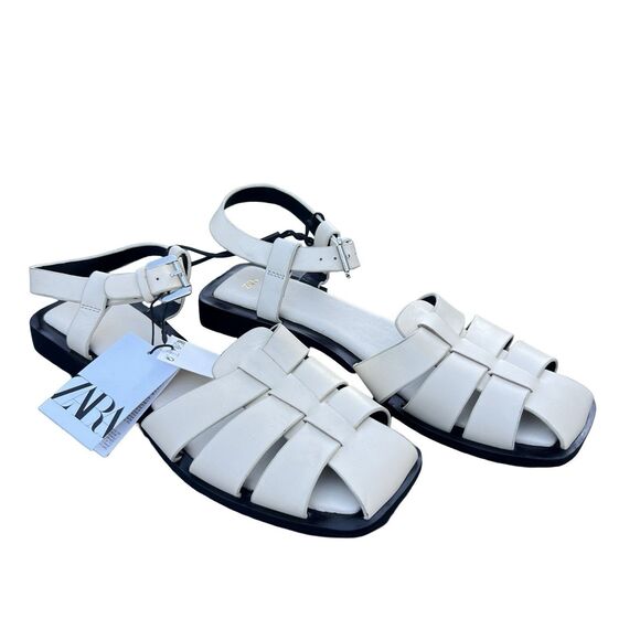 Zara Women's Flat Leather Fisherman Sandals Size US10 NWT Indoors Off White